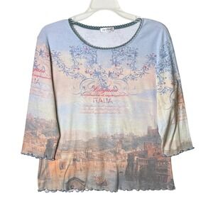 Vintage Euro DB Sport Italia Scenic Print Top Womens L Blue Romantic Y2K Cottage